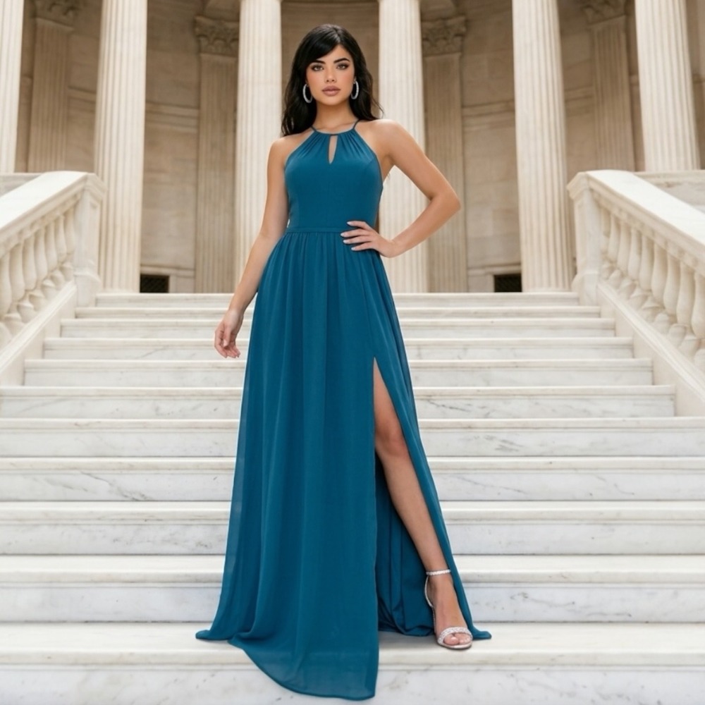 Teal Blue Halter Keyhole Neckline Maxi Gown High Slit Formal Dress